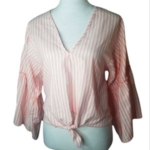 🦋Lavender Field Pinstripe Trumpet Sleeve Tie Front Top